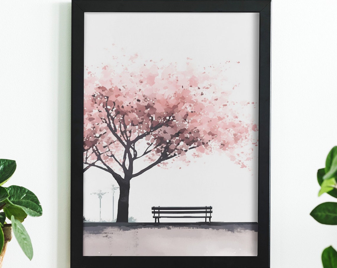 Minimalist Watercolor Cherry Tree With Park Bench Art Poster