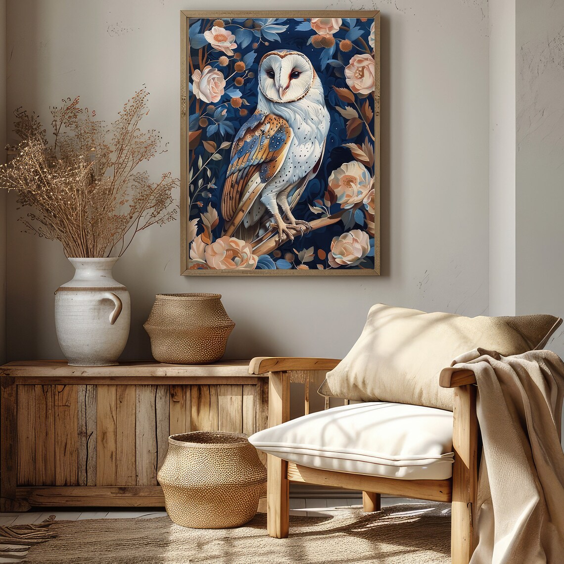 Barn Owl Among Flowers Deep Navy Botanical Illustration Poster - Image 3