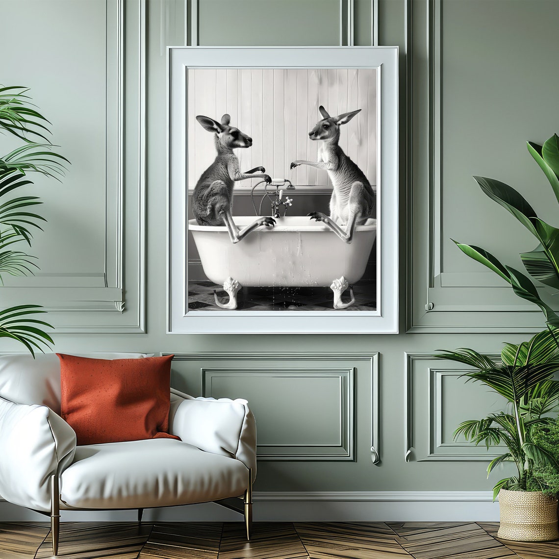 Two Kangaroos Sitting On Bathtub Black And White Funny Poster - Image 4