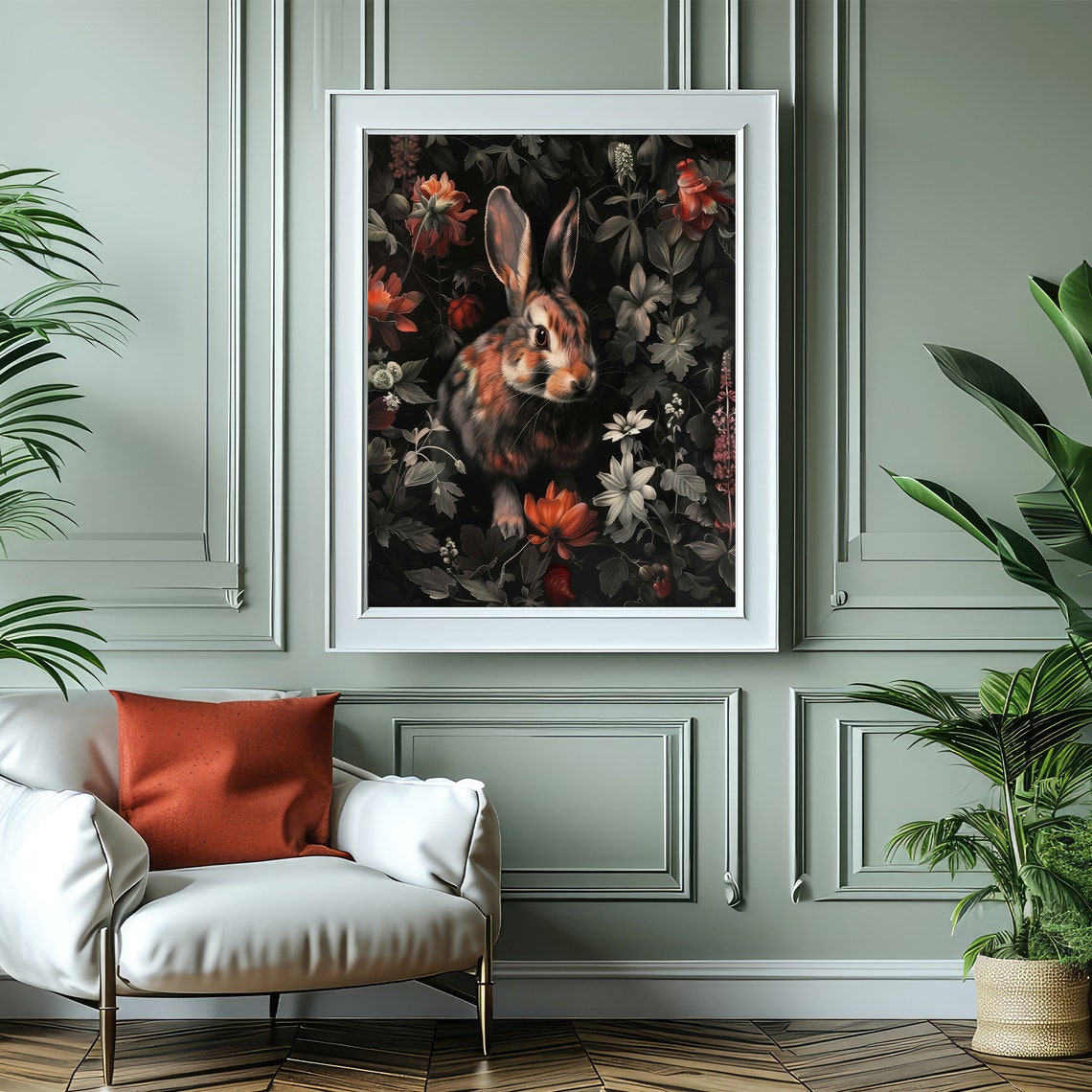 Woodland Rabbit Among Red Blooms Dark Floral Botanical Art Poster - Image 4