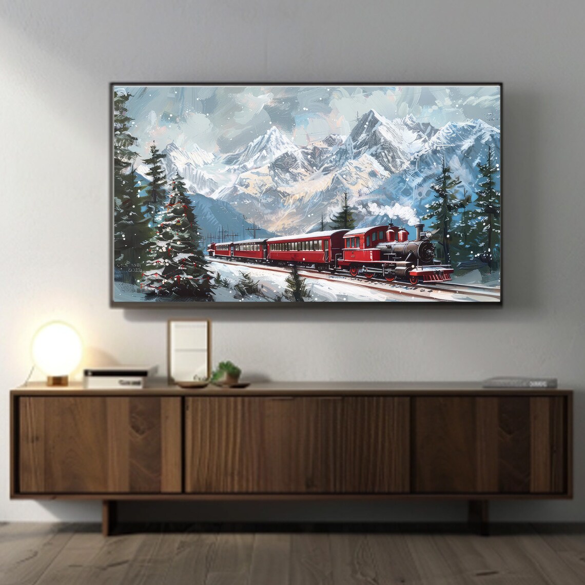 Classic Vintage Red Christmas Train Through Snowy Mountains Poster - Image 3