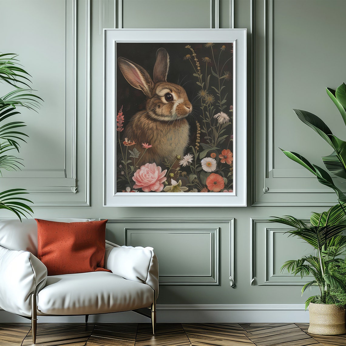 Charming Brown Rabbit Among Wildflowers Dark Botanical Art Poster - Image 3