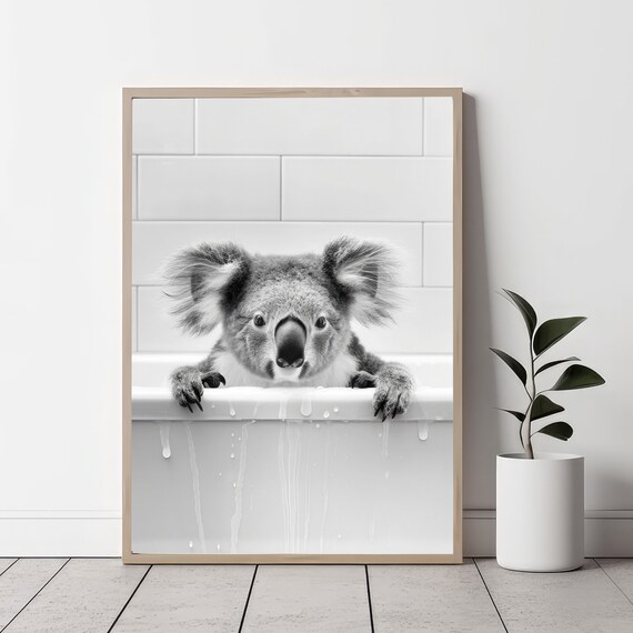 Adorable Koala Peeking Over Bathtub Black And White Nursery Poster