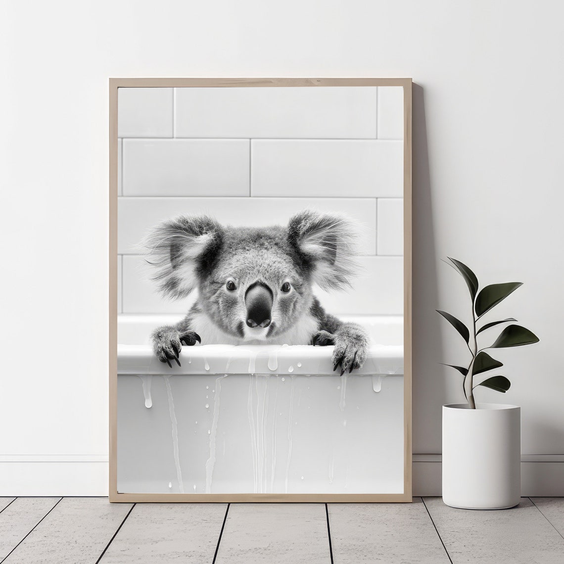 Adorable Koala Peeking Over Bathtub Black And White Nursery Poster