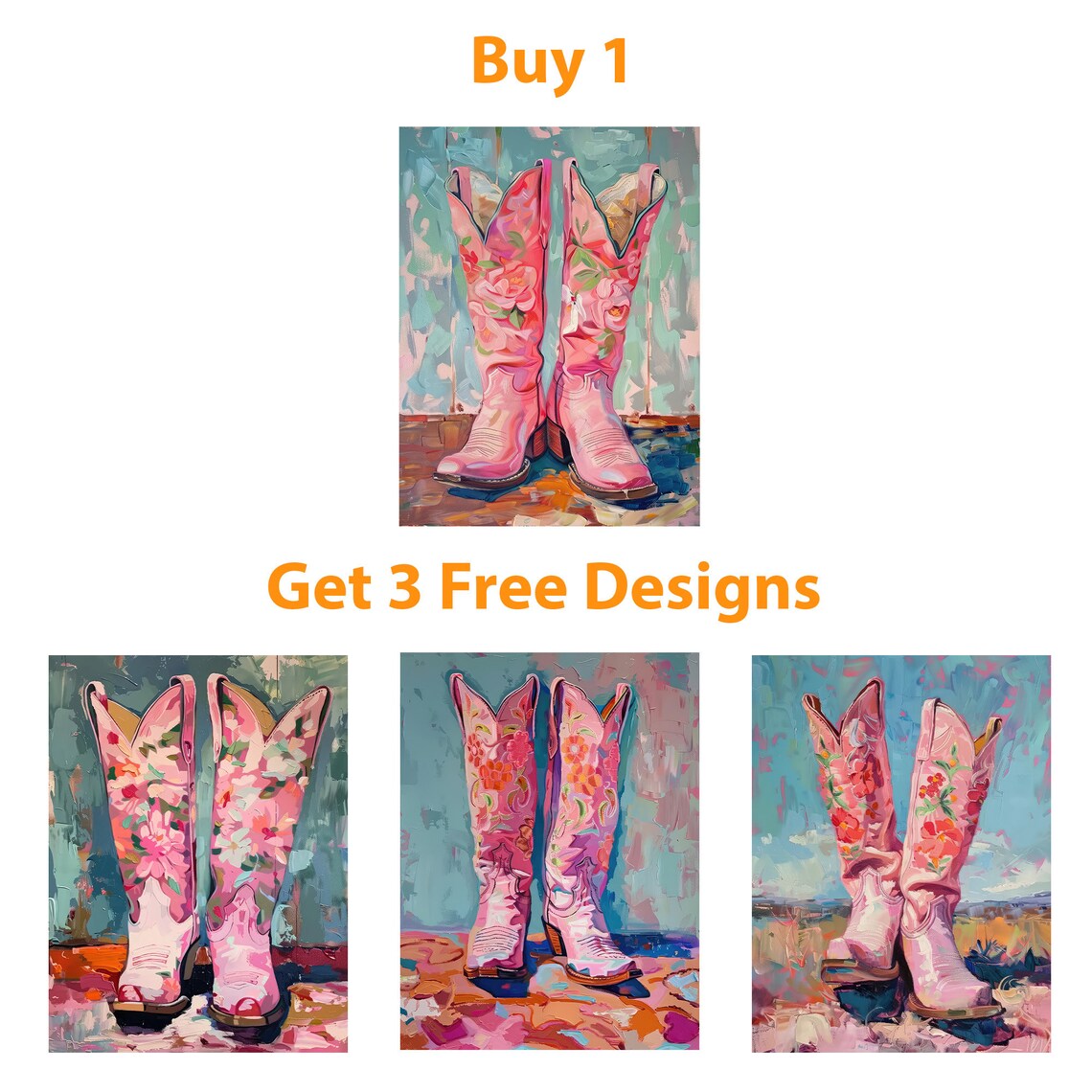 Pink Floral Cowboy Boots Western Painting Coastal Art Poster - Image 6