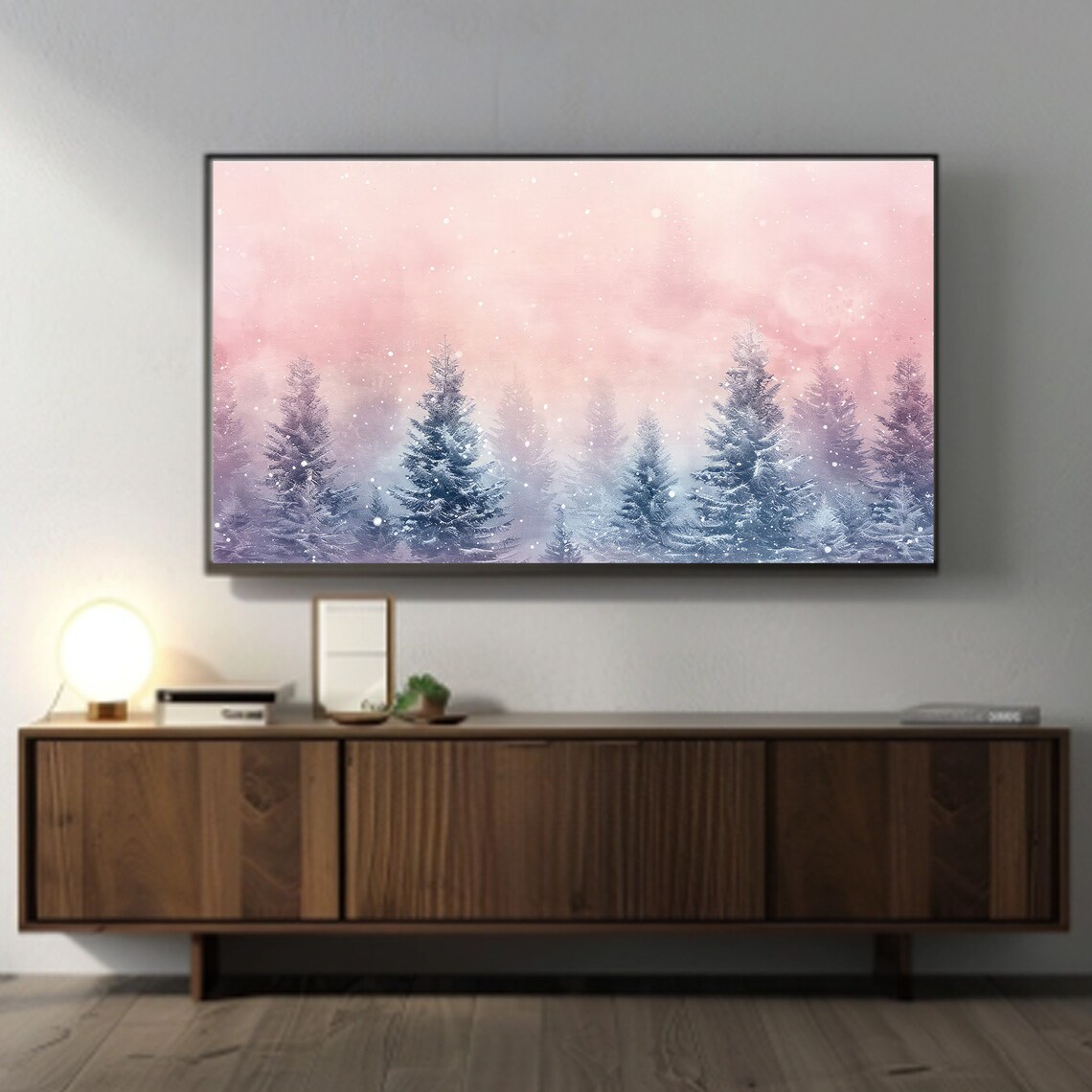 Dreamy Blush Pink Watercolor Snowy Winter Forest Scene Poster - Image 2