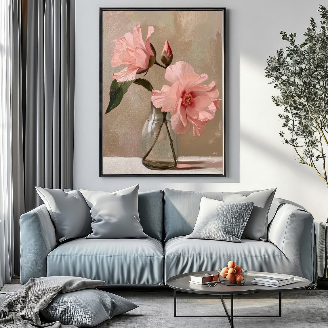 Pink Camellia Flowers In Glass Vase Soft Neutral Floral Art Poster - Image 3