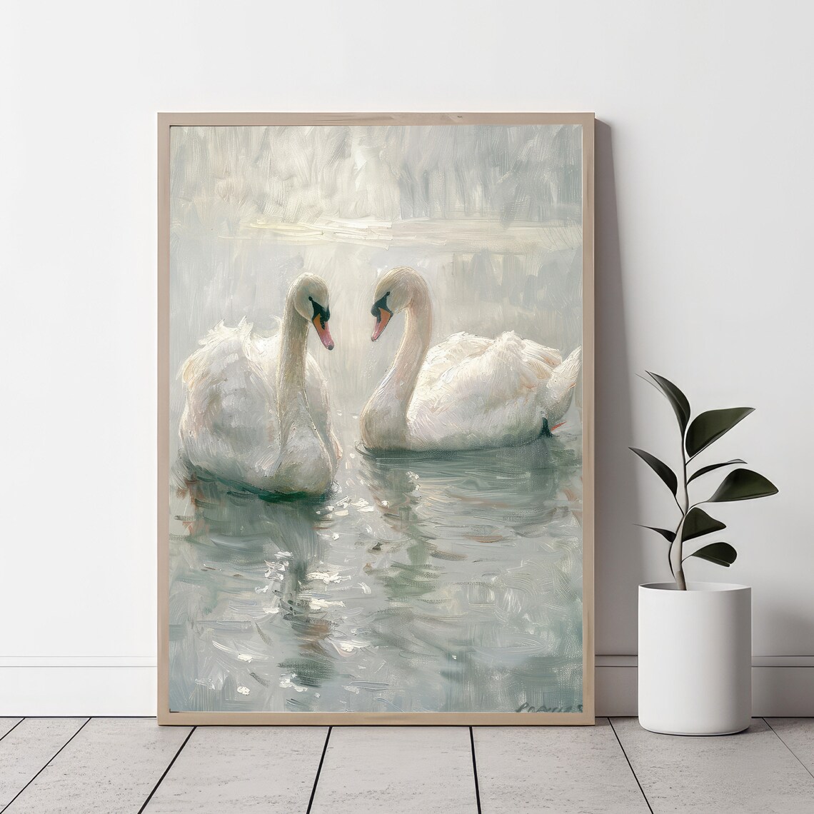 Serene Pair Of White Swans In Soft Pastel Watercolor Art Poster