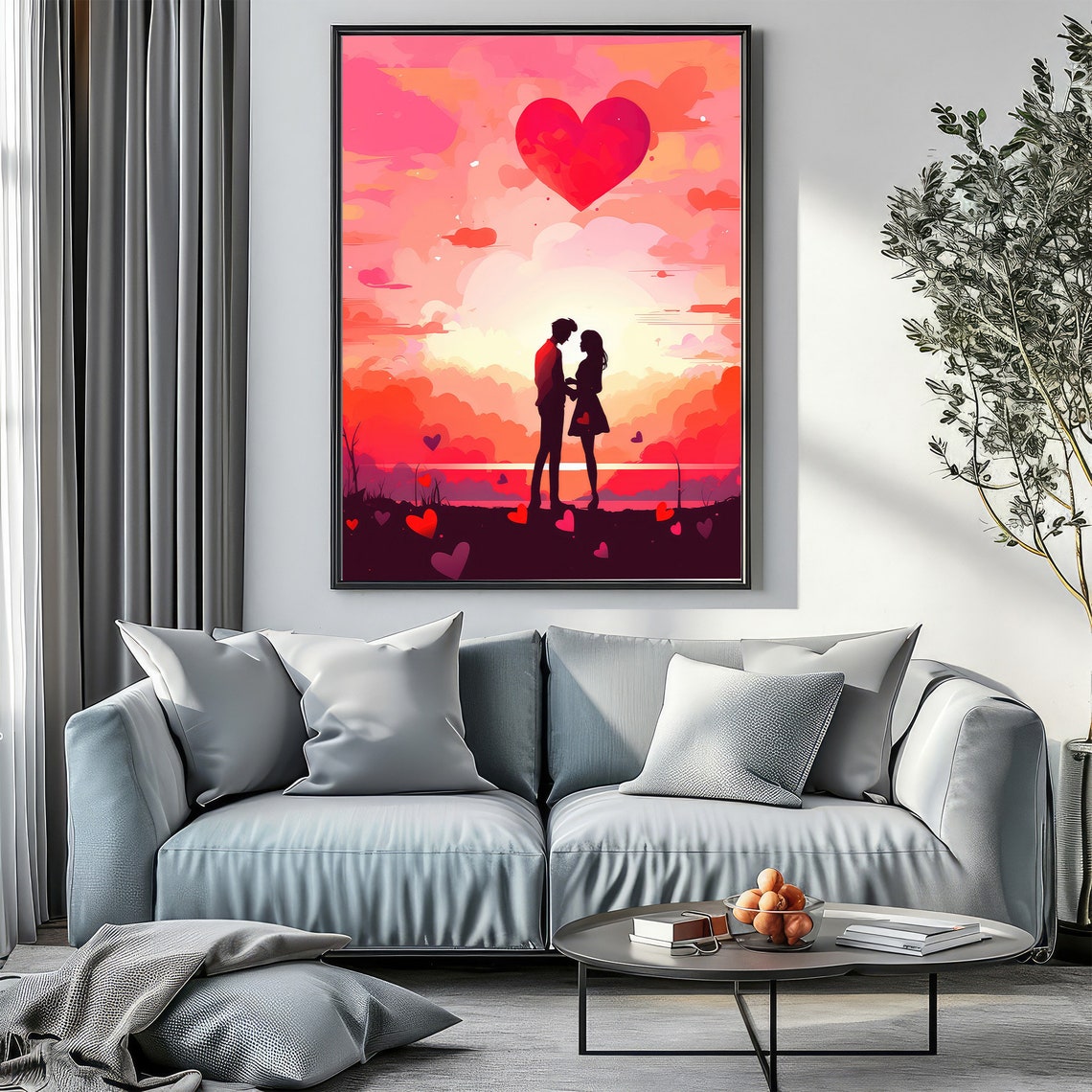 Romantic Couple Silhouette Pink Sunset With Floating Hearts Poster - Image 2