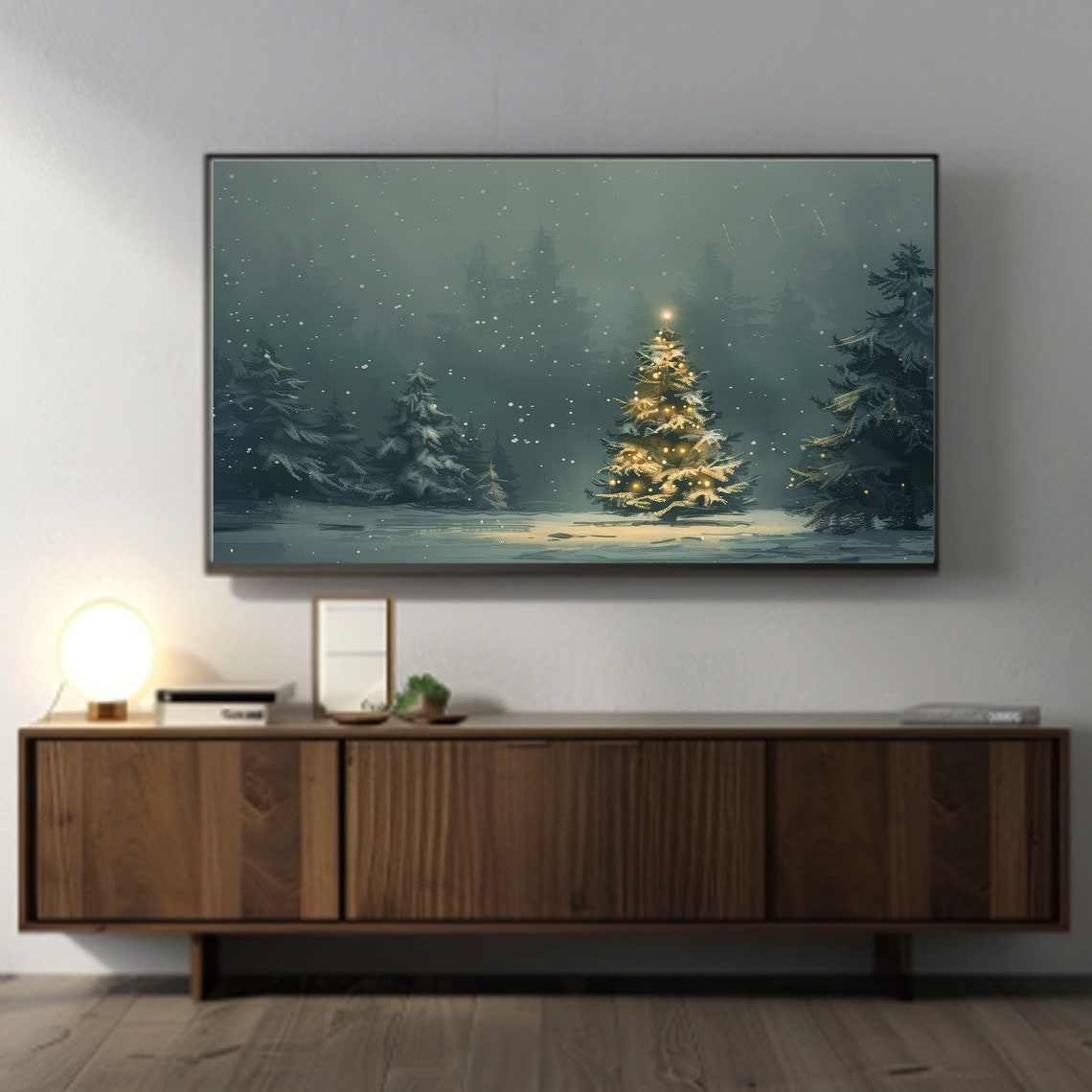 Magical Lit Christmas Tree Glowing In Snowy Night Forest Poster - Image 4
