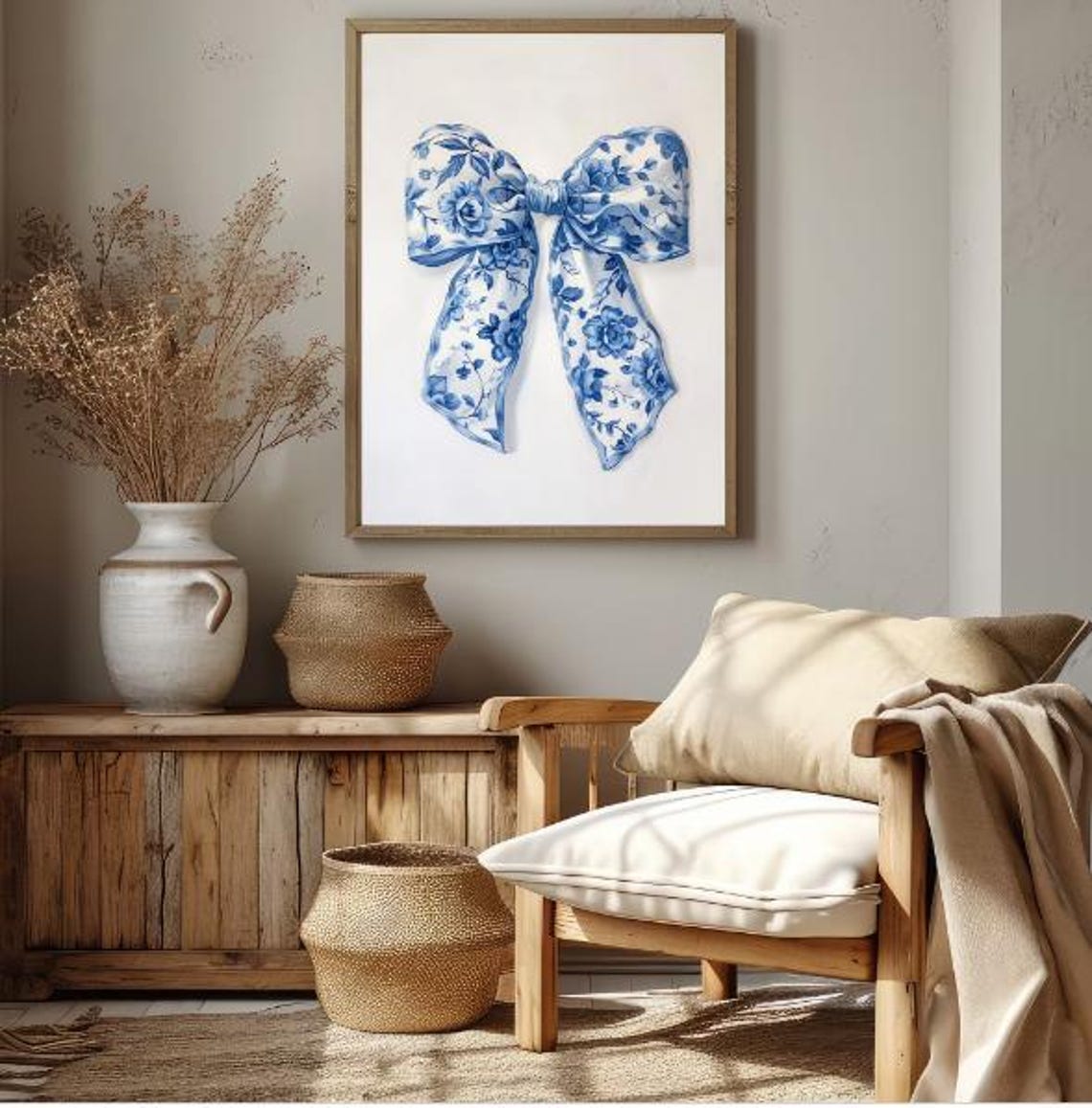 Elegant Blue White Floral Bow Chinoiserie Vintage Decorative Poster - Image 4