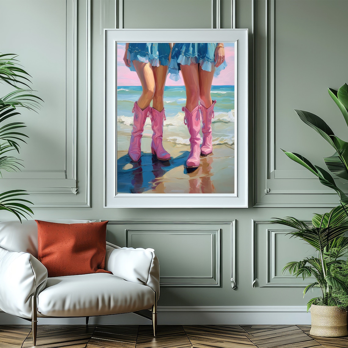 Pink Cowboy Boots Beach Painting Coastal Cowgirl Friends Wall Art - Image 4