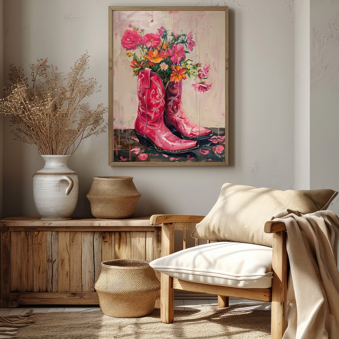 Hot Pink Cowgirl Boots Filled With Wildflowers Western Art Poster - Image 2