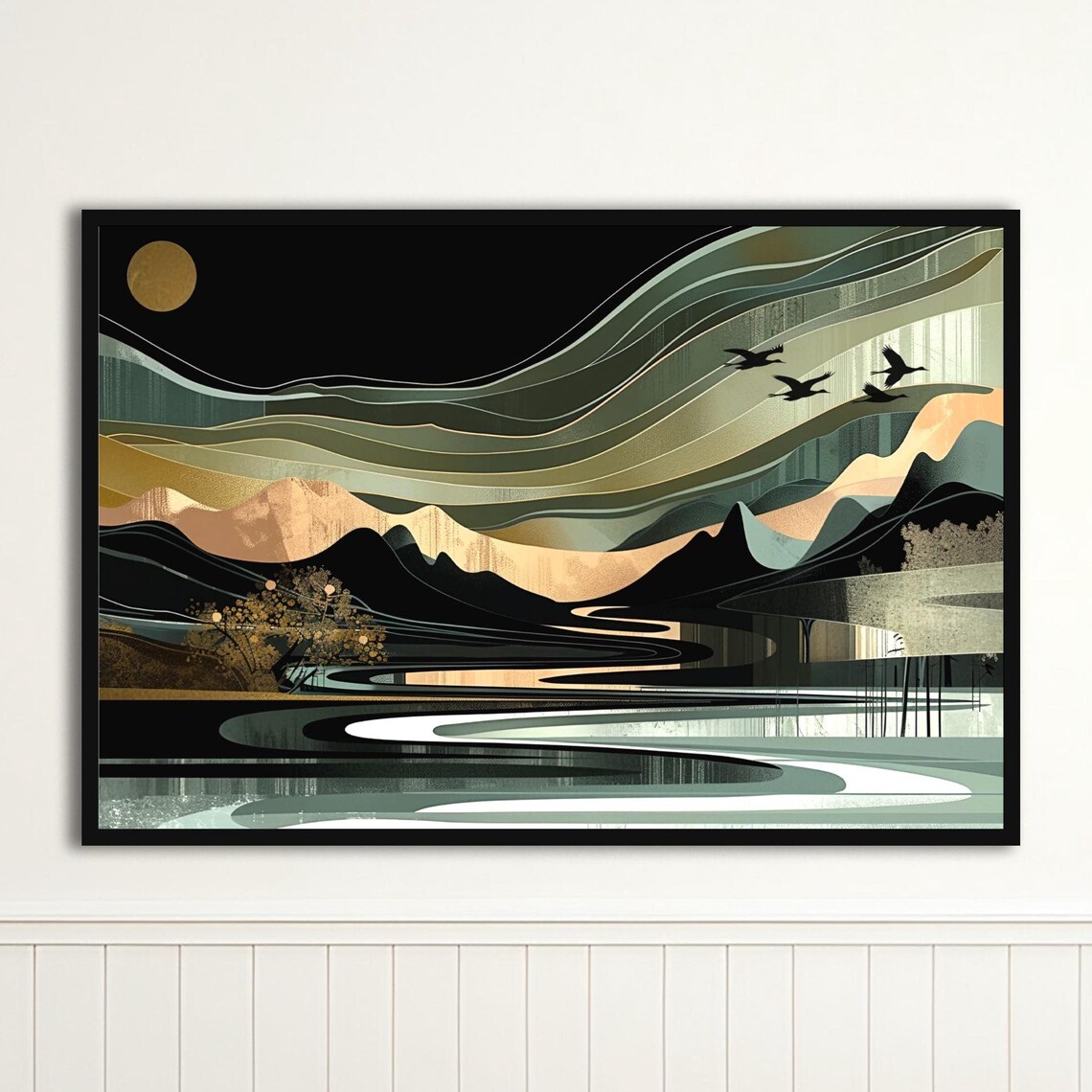 Minimalist Green Black Landscape Gold Moon Birds River Art Poster