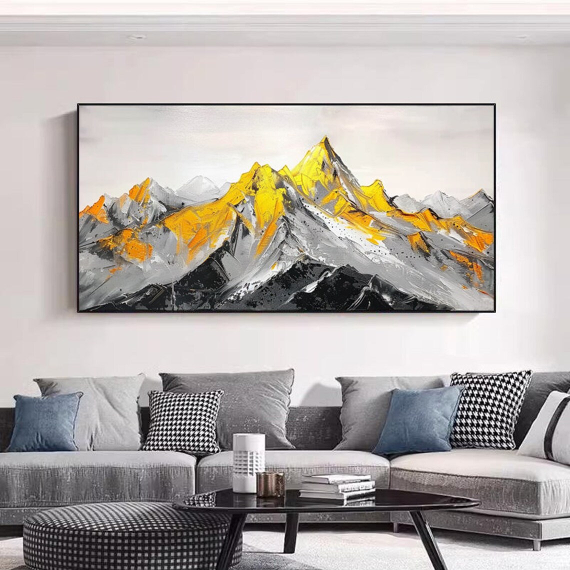 Golden Snow-Capped Mountain Peaks Black White Abstract Painting Poster - Image 2