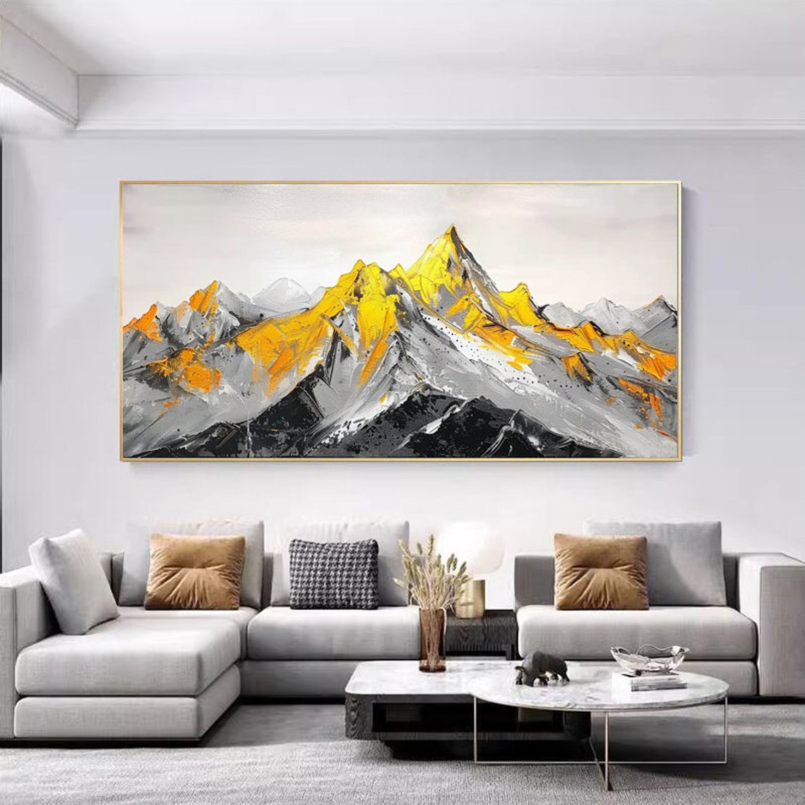 Golden Snow-Capped Mountain Peaks Black White Abstract Painting Poster - Image 6