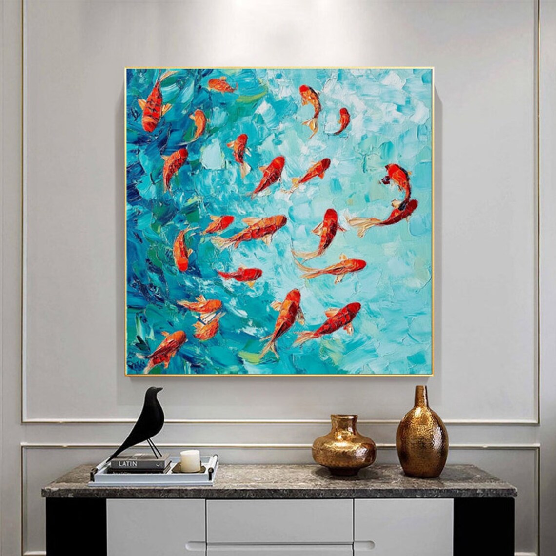 Red Koi Fish Swimming In Sparkling Turquoise Water Impasto Art Poster