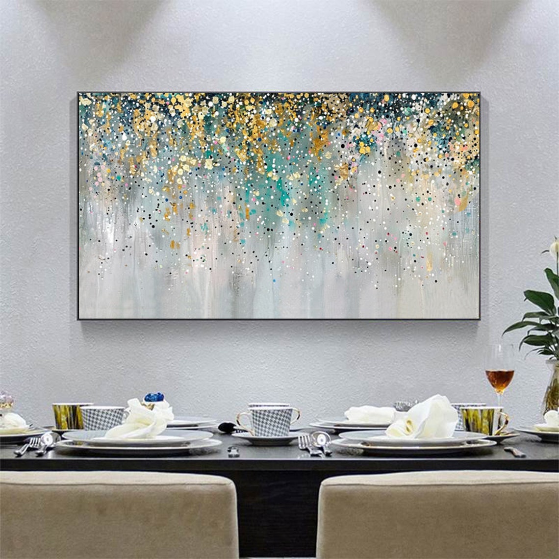 Abstract Colorful Confetti Dots Over Teal Gray Canvas Poster - Image 4