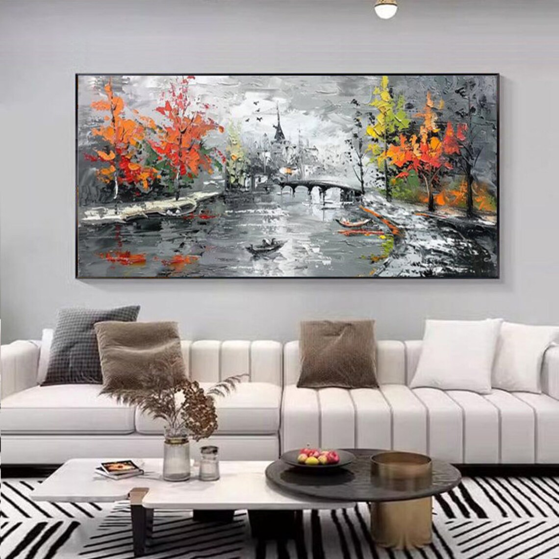 City Bridge Canal With Autumn Trees Black White City Painting Poster - Image 6