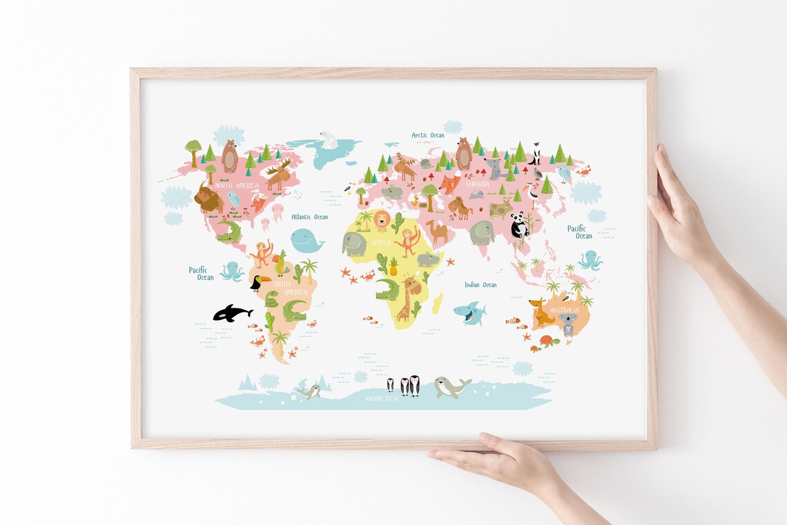 Safari World Map Art Print, Nursery Decor