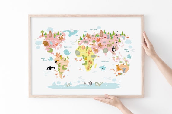 Safari World Map Art Print, Nursery Decor
