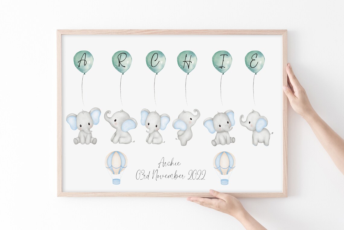 Archie Personalised Elephant Balloons New Baby Name Nursery Wall Art