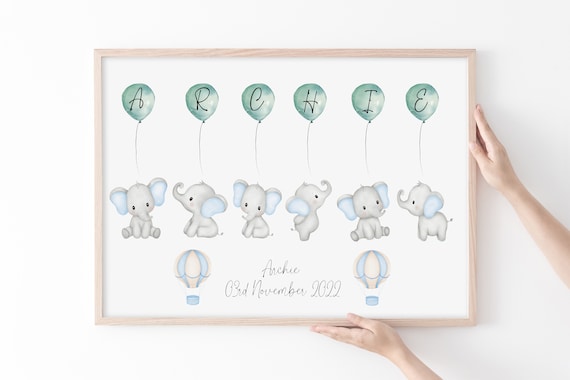 Archie Personalised Elephant Balloons New Baby Name Nursery Wall Art
