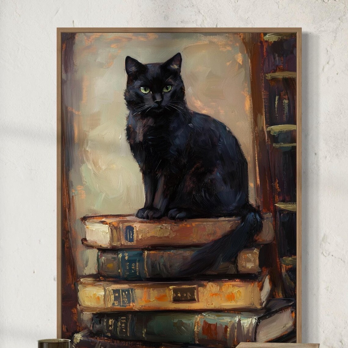 Black Cat and Books, Vintage Dark Academia Art Print