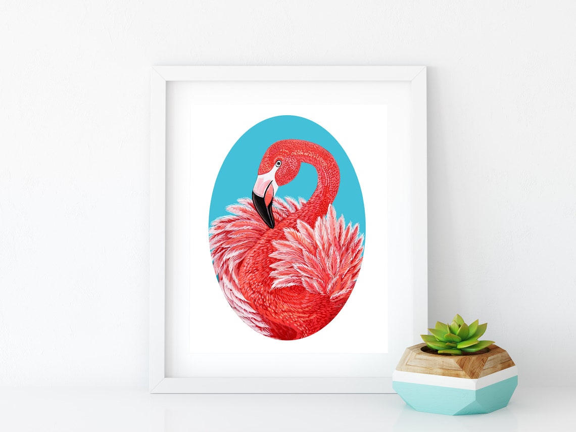 Pink Flamingo Curled Gracefully Inside Turquoise Oval Tropical Poster - Image 3