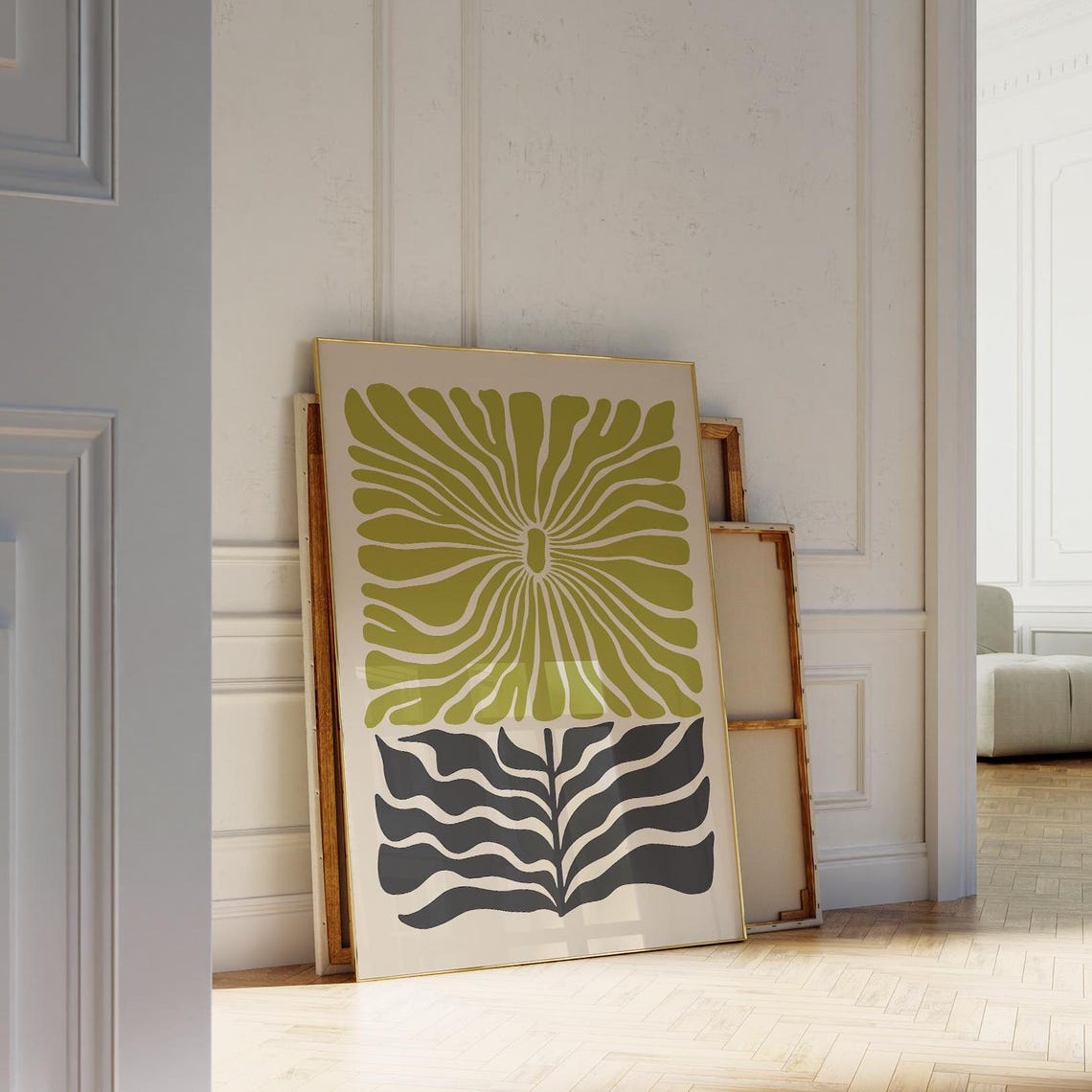 Lime Green Sunburst Abstract Botanical Beige Minimalist Modern Poster - Image 2