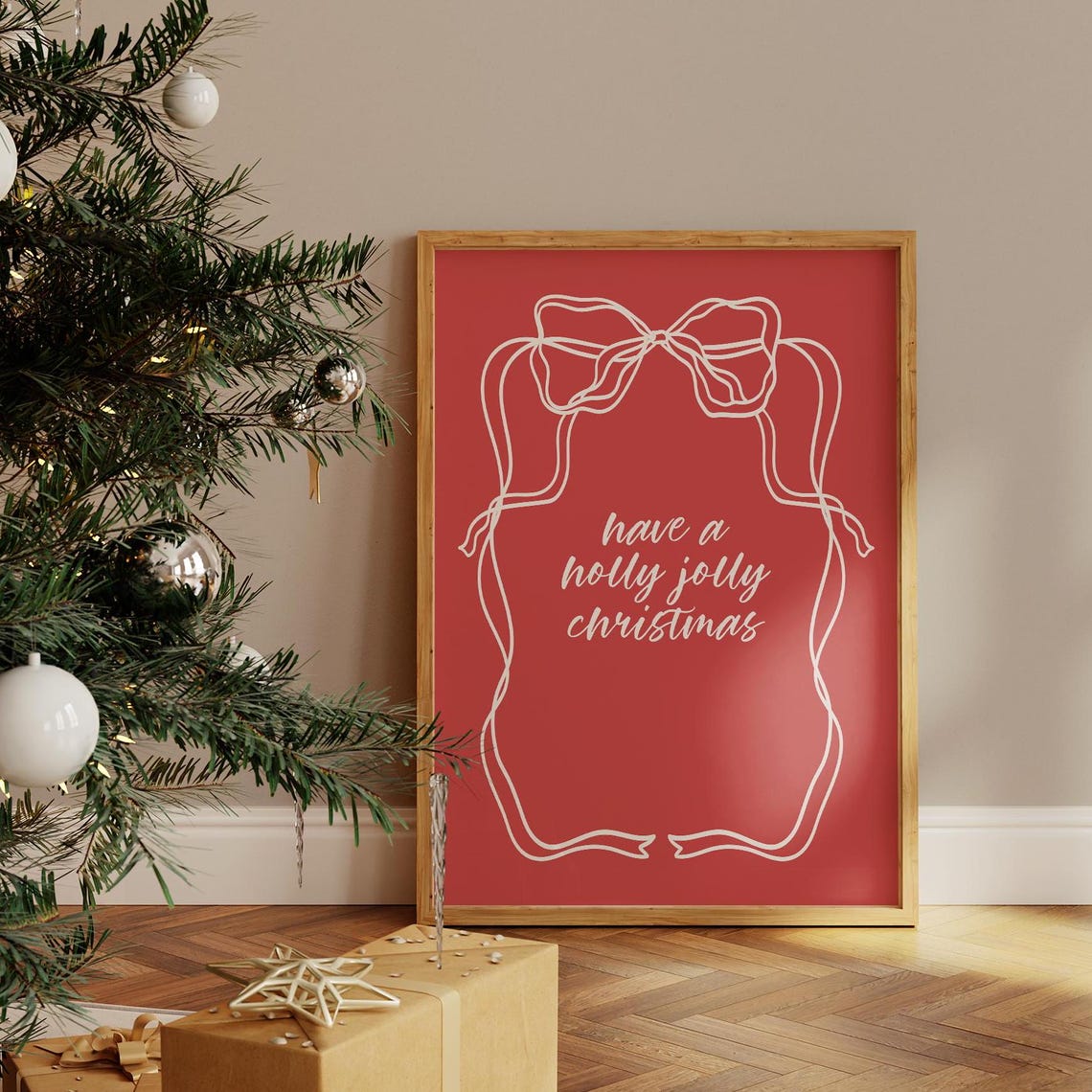 Have A Holly Jolly Christmas Cream White Bow Red Holiday Wall Art - Image 3