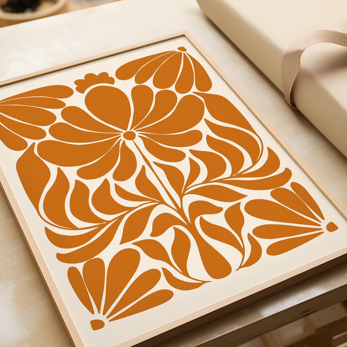 Burnt Orange Scandinavian Folk Art Botanical Floral Wall Decor Poster - Image 2