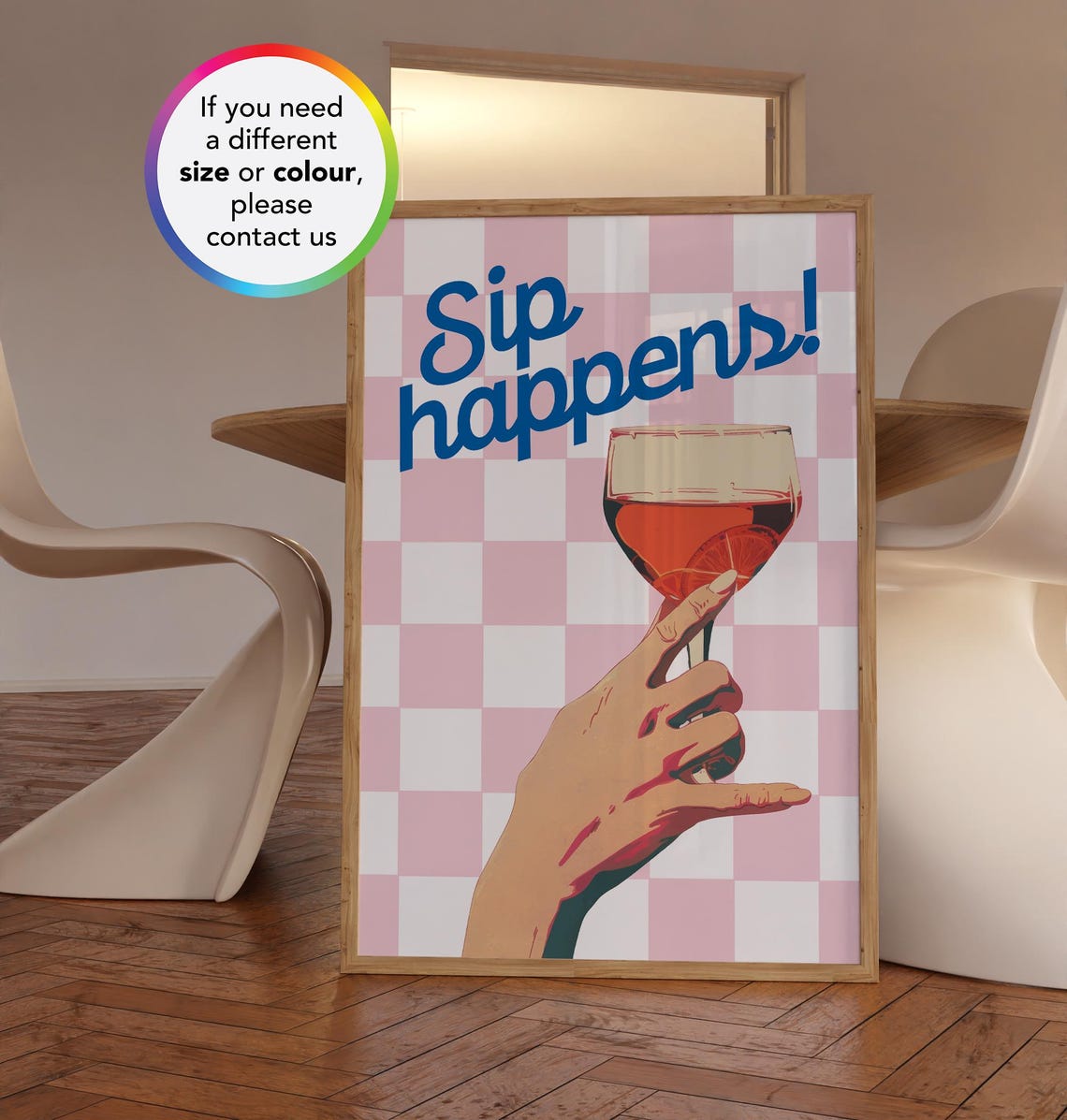 Sip Happens Funny Wine Quote Pink Checkered Retro Bar Poster - Image 2