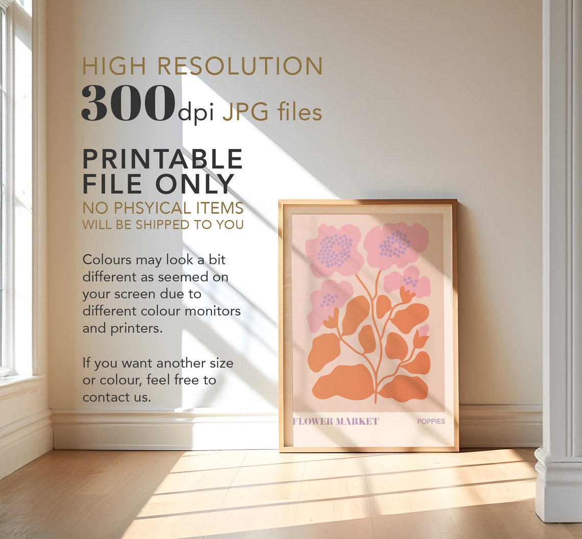 Flower Market Poppies Pink Orange Botanical Retro Style Poster - Image 3