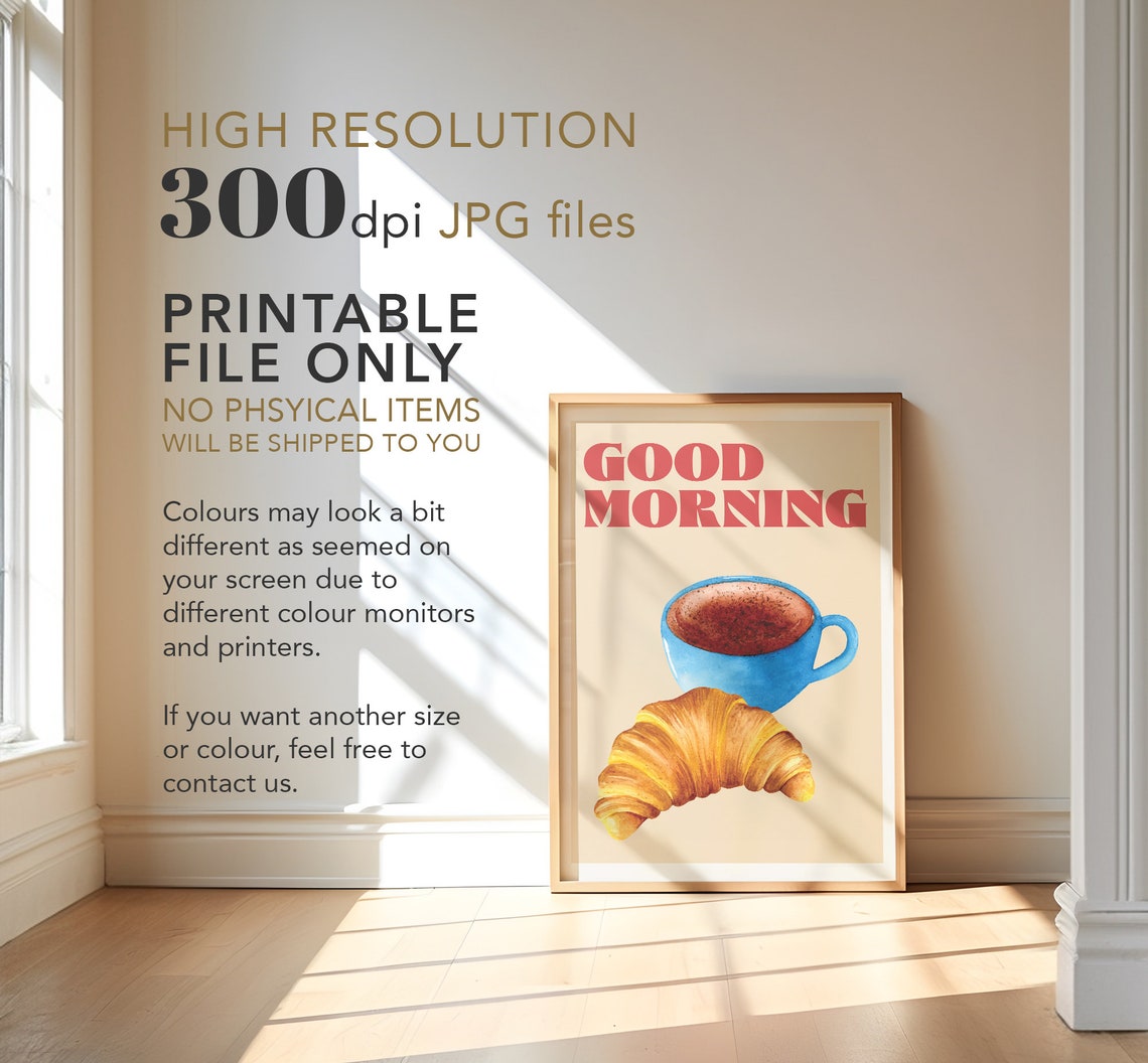 Good Morning Coffee Croissant Watercolor Kitchen Wall Poster - Image 3