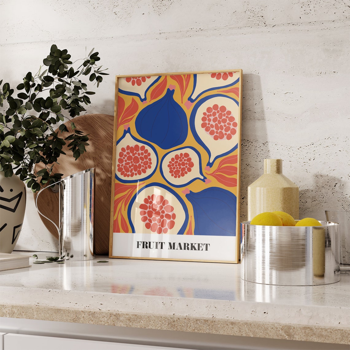 Fruit Market Bold Fig Pattern Blue Red Yellow Kitchen Wall Art - Image 3