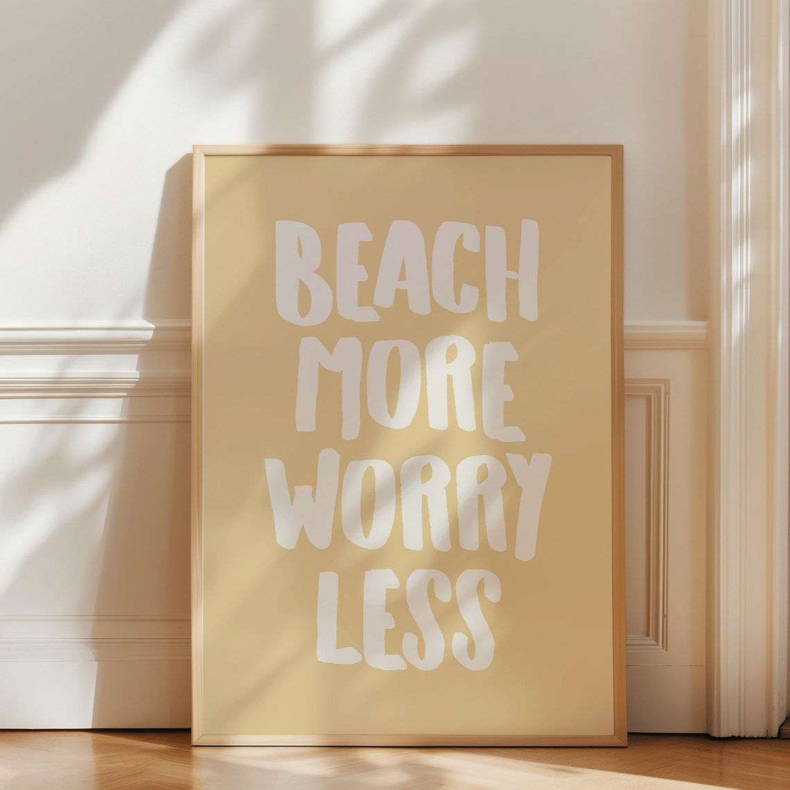 Beach More Worry Less Bold White Lettering Sandy Tan Wall Poster