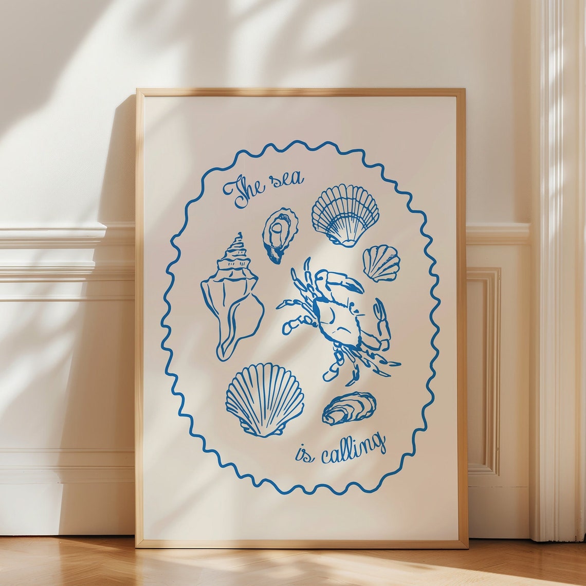 The Sea Is Calling Blue Shells Crab Scallop Coastal Kitchen Art Poster
