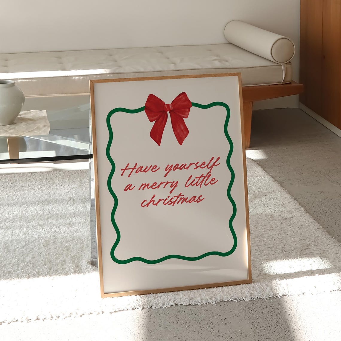 Have Yourself A Merry Little Christmas Red Bow Green Wavy Wall Art - Image 2