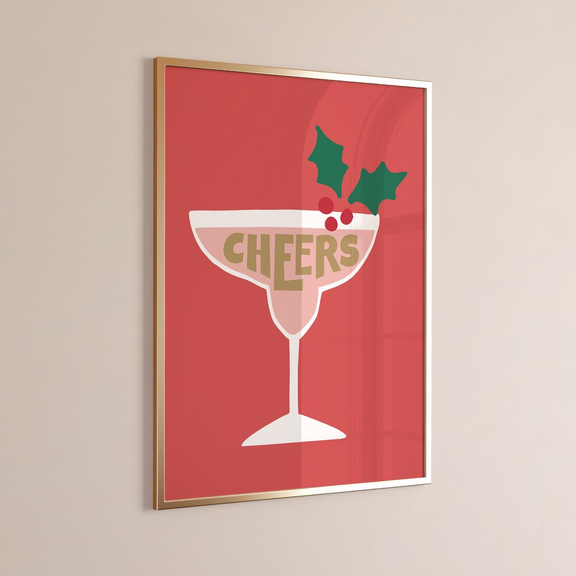 Cheers Margarita Glass Holly Berries Red Gold Holiday Cocktail Poster - Image 2