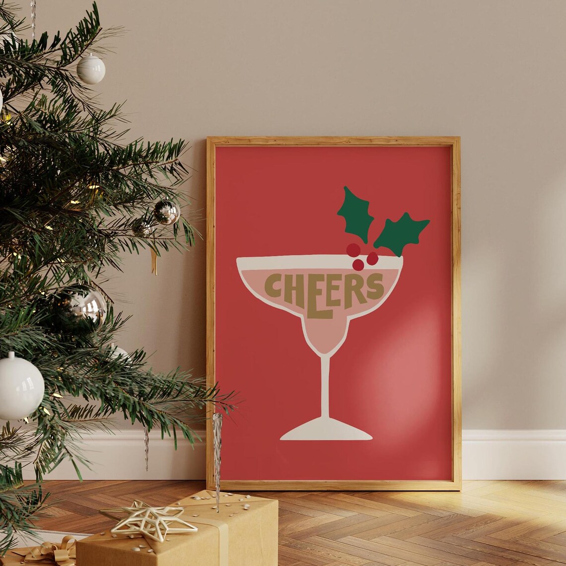 Cheers Margarita Glass Holly Berries Red Gold Holiday Cocktail Poster - Image 3