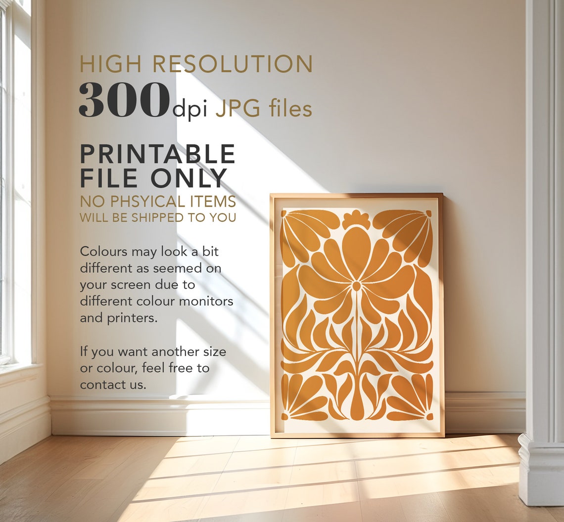 Burnt Orange Scandinavian Folk Art Botanical Floral Wall Decor Poster - Image 4