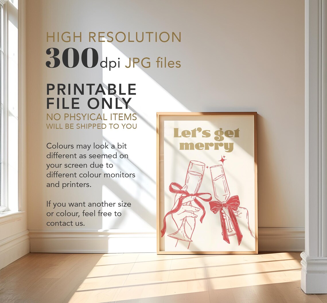 Lets Get Merry Gold Retro Champagne Flutes Red Bow Christmas Party Poster - Image 4