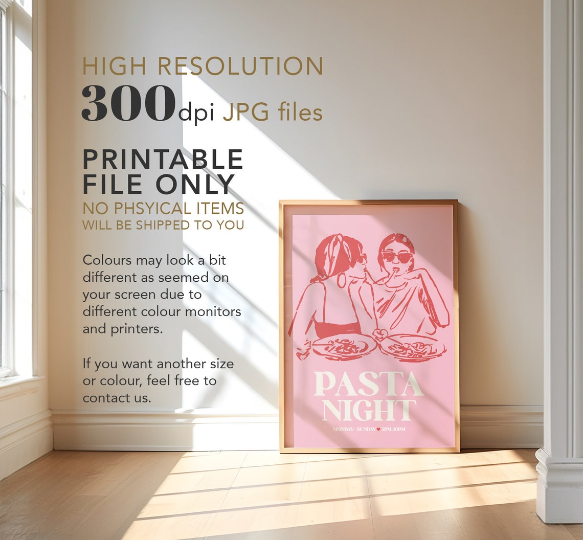 Pasta Night Pink Girls Dinner Party Illustration Trendy Kitchen Poster - Image 3