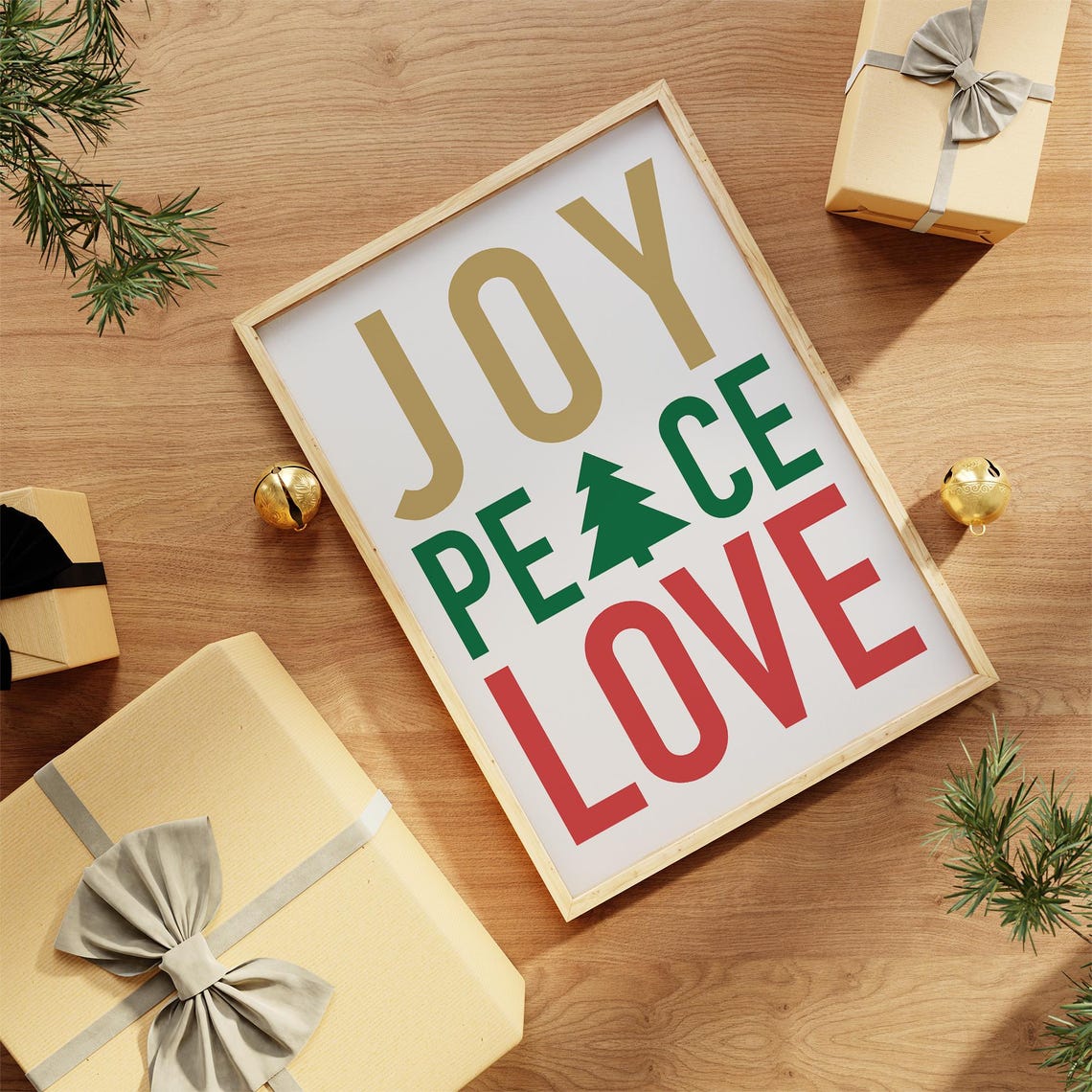 Joy Peace Love Christmas Tree Typography Gold Green Red Holiday Poster - Image 3