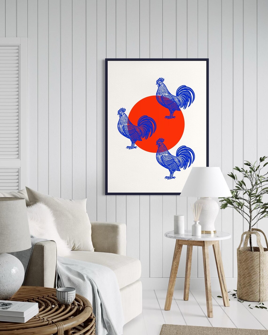 Three Blue Roosters Around Red Sun Japanese Style Animal Poster