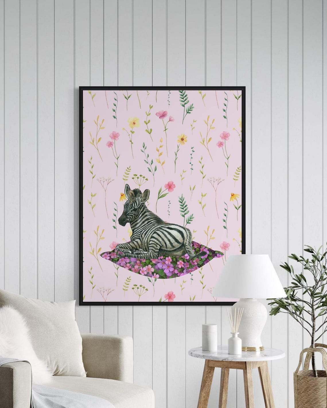 Baby Zebra Foal Resting on Pink Floral Bed Nursery Animal Poster - Image 4