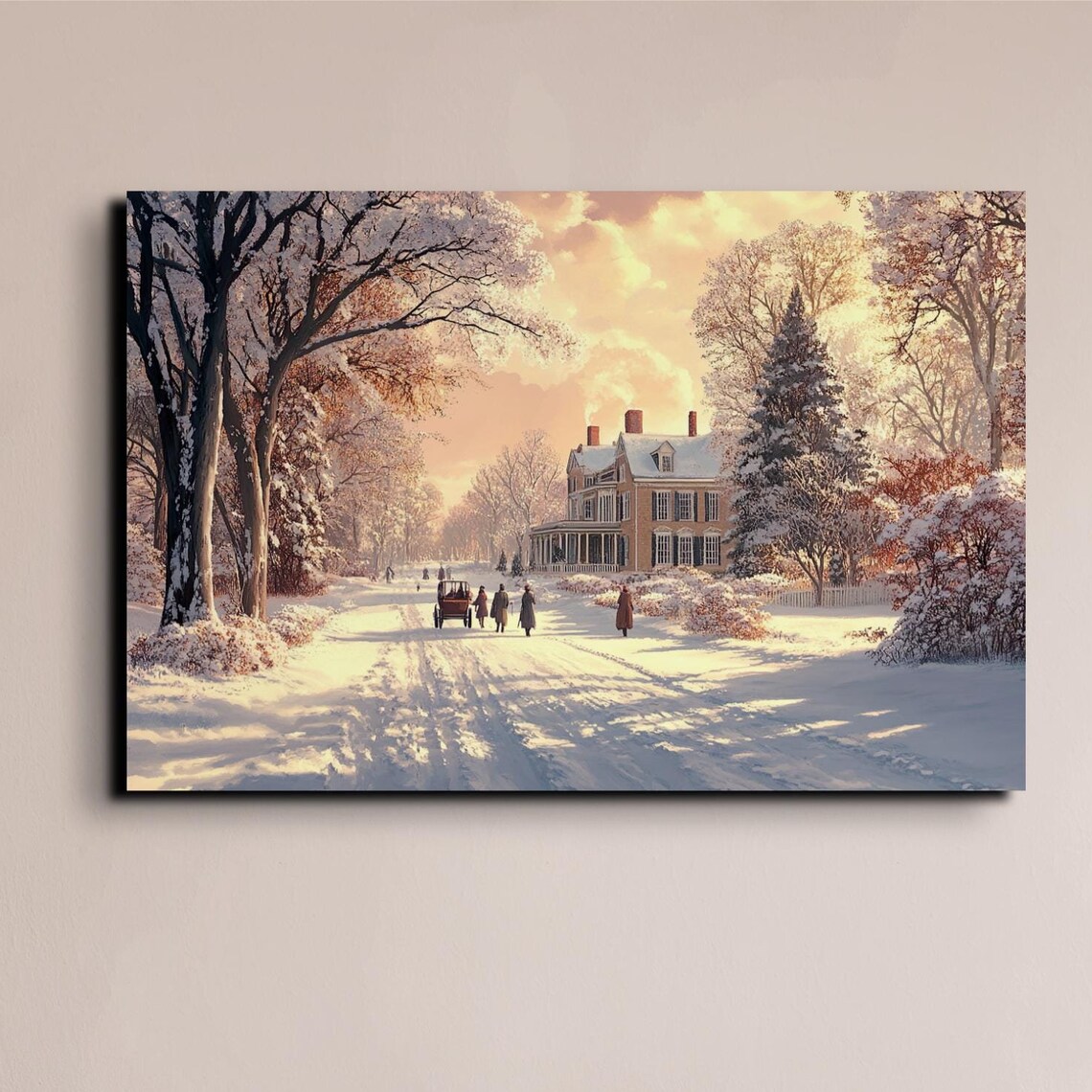 Snowy Village Horse Carriage Sunset Vintage Winter Scene Poster