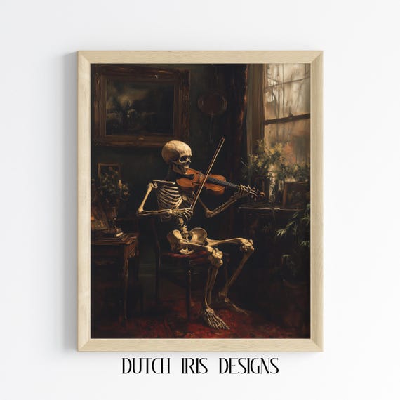 Vintage Skeleton Playing Violin Art Moody Halloween Decor Dark Classical Painting Spooky Wall Rustic Fall 470