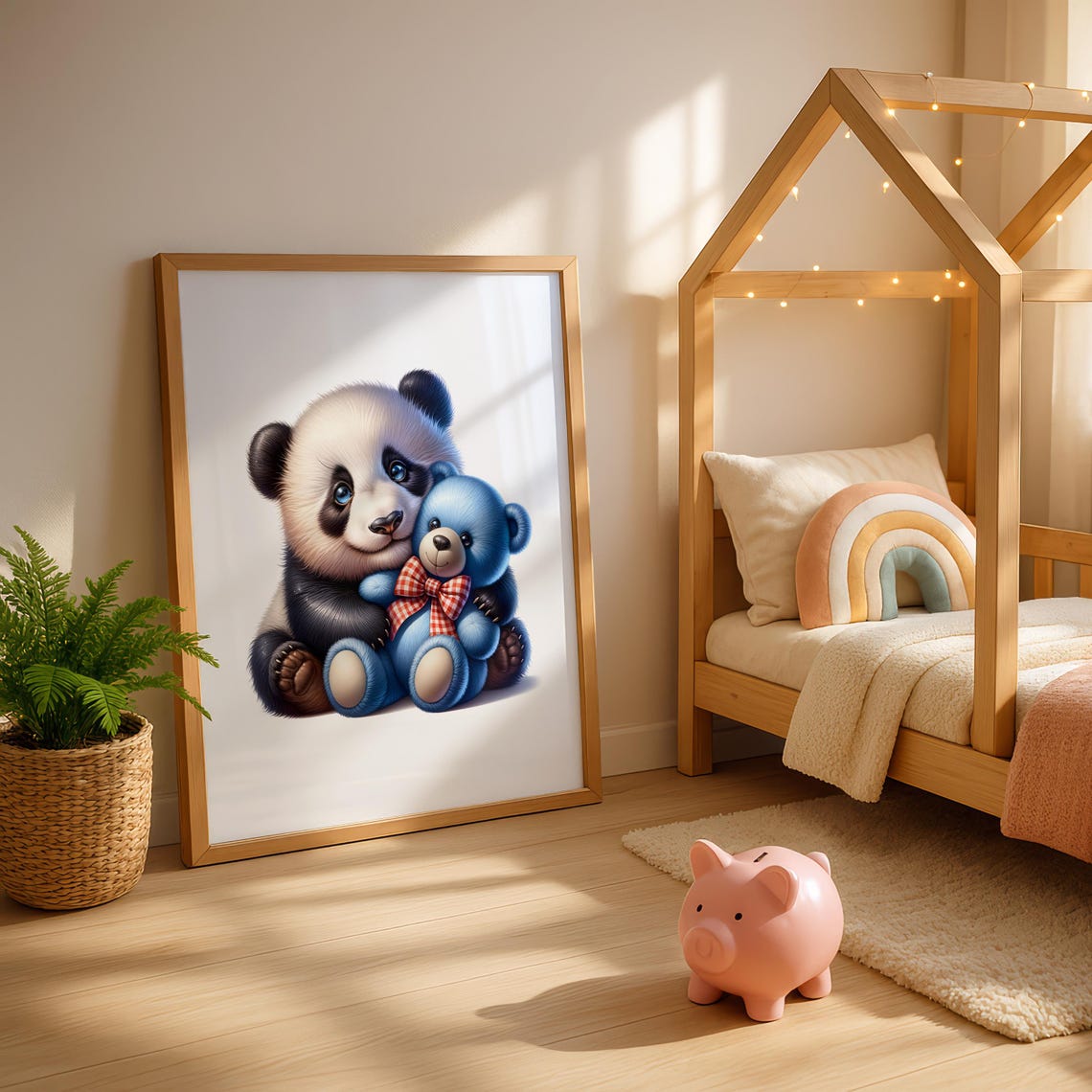 Baby Panda Hugging Blue Teddy Bear Sweet Nursery Animal Poster - Image 3